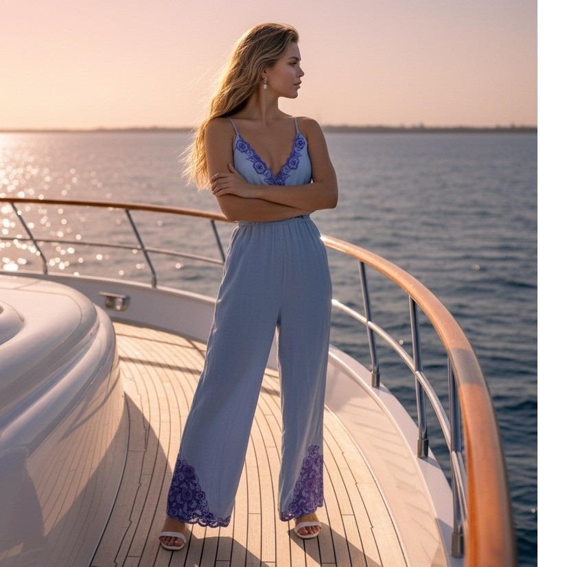 Chasing Unicorns Sz M Come Sail Away Linen Jumpsuit Light Blue Lace Feminine Nwt